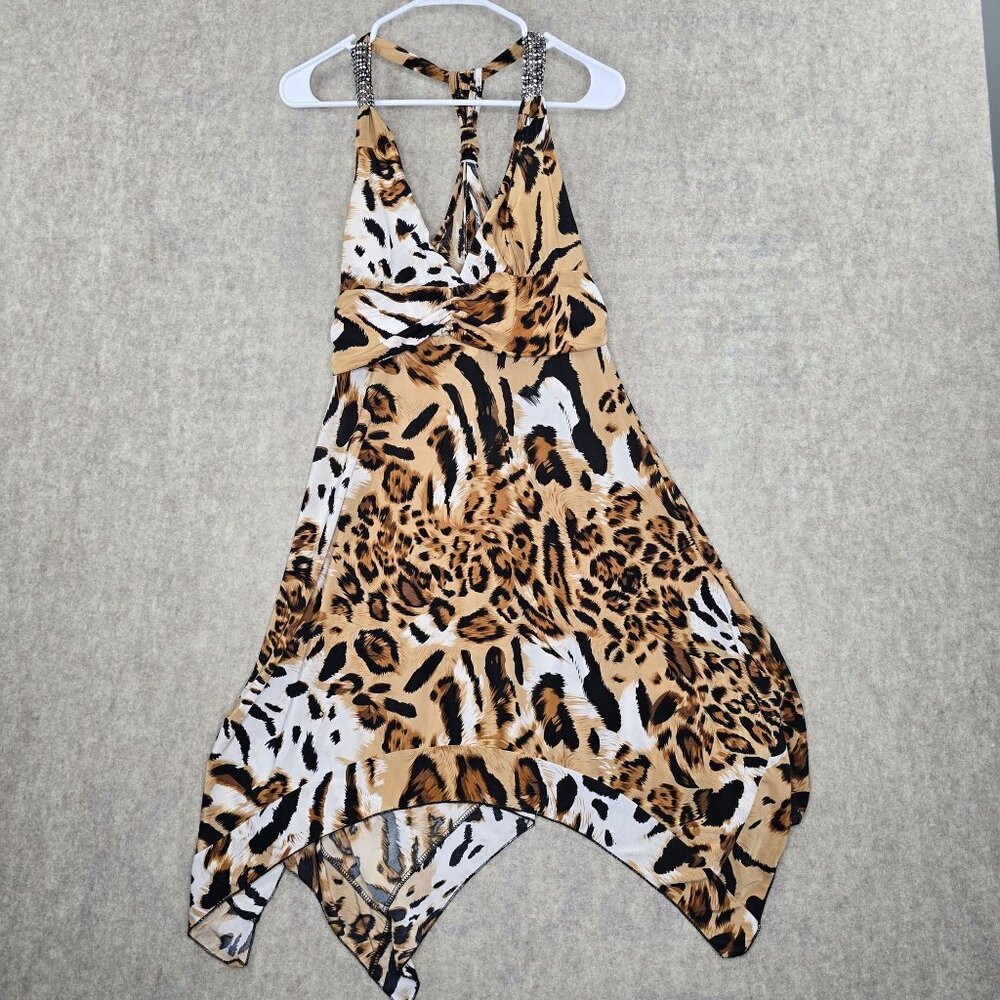 Leopard Print Sleeveless Handkerchief Hem Dress With Rhinestone Straps Size XL